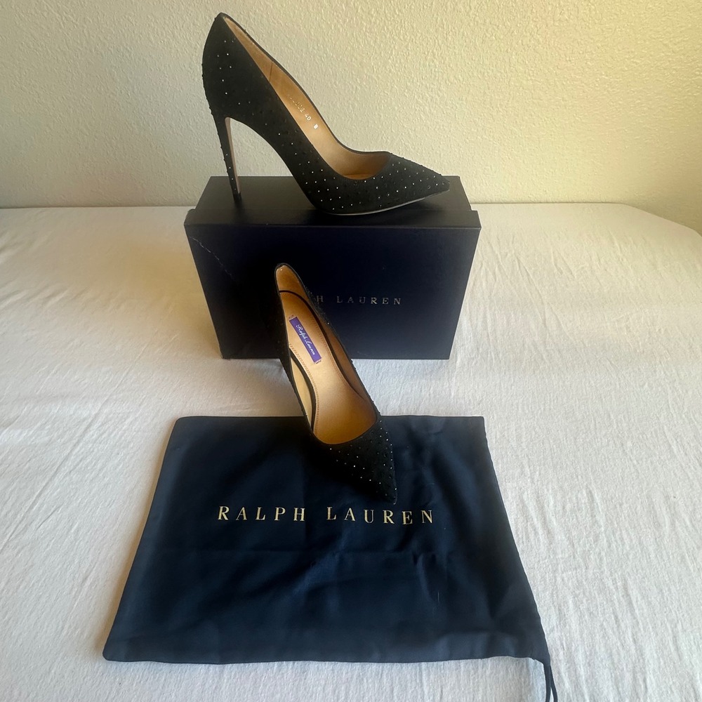 Ralph Lauren Purple Label Celia Black Suede Crystal Heel EU 40 Made in Italy New